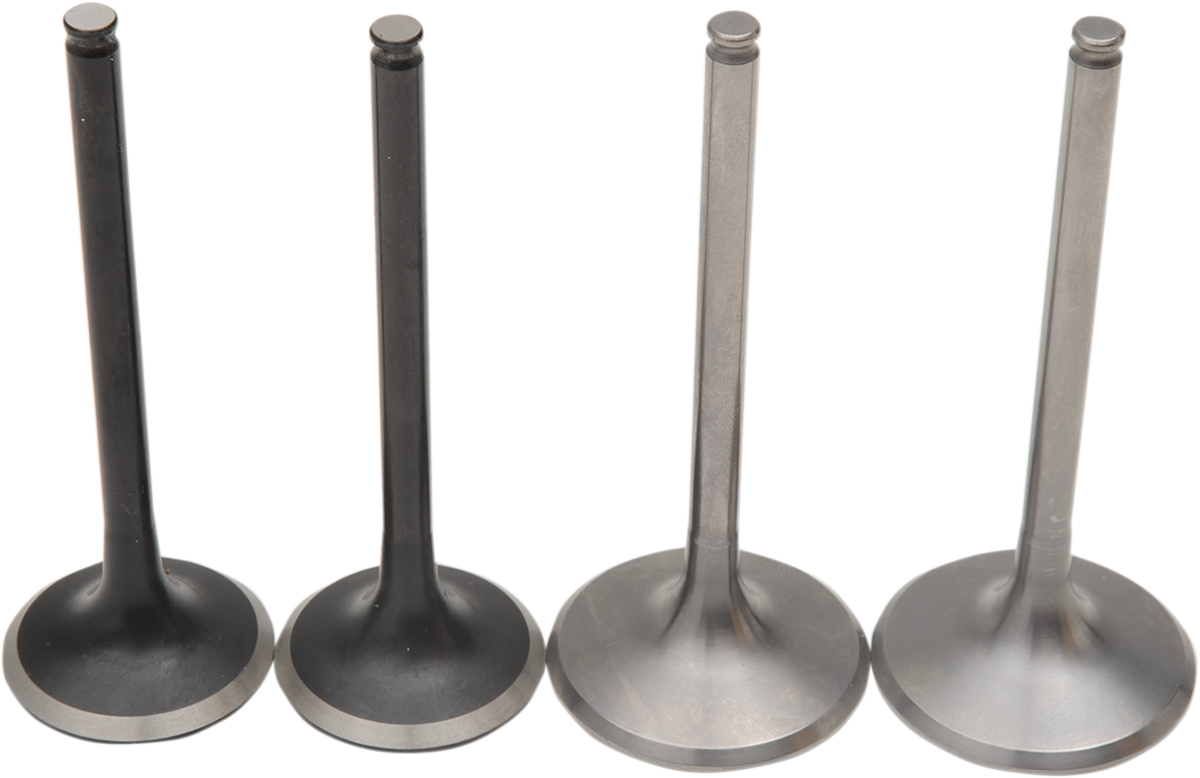 Four engine valves are shown upright in a row on a white background. The left two valves appear darker and more worn, while the right two are lighter and cleaner, suggesting a comparison between used and new engine valves.