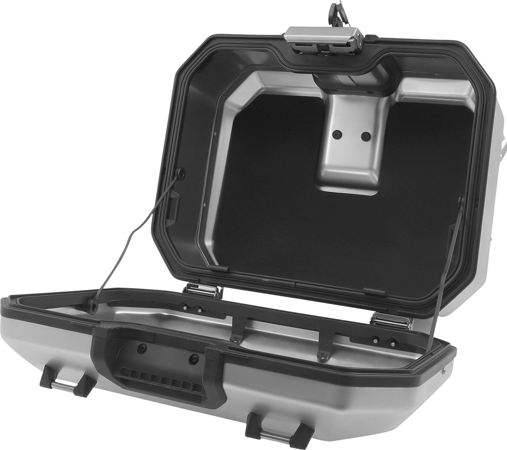 A hard-shell, rectangular, silver and black case with a hinged lid is open, revealing a spacious, empty interior. The lid is supported by two side straps. The exterior features a handle and two latches for secure closure.