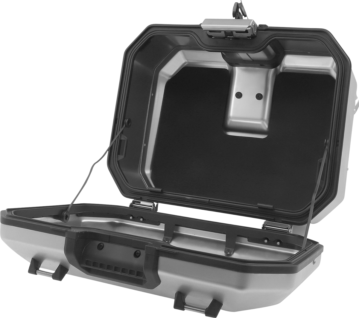 A hard-shell, rectangular, silver and black case with a hinged lid is open, revealing a spacious, empty interior. The lid is supported by two side straps. The exterior features a handle and two latches for secure closure.