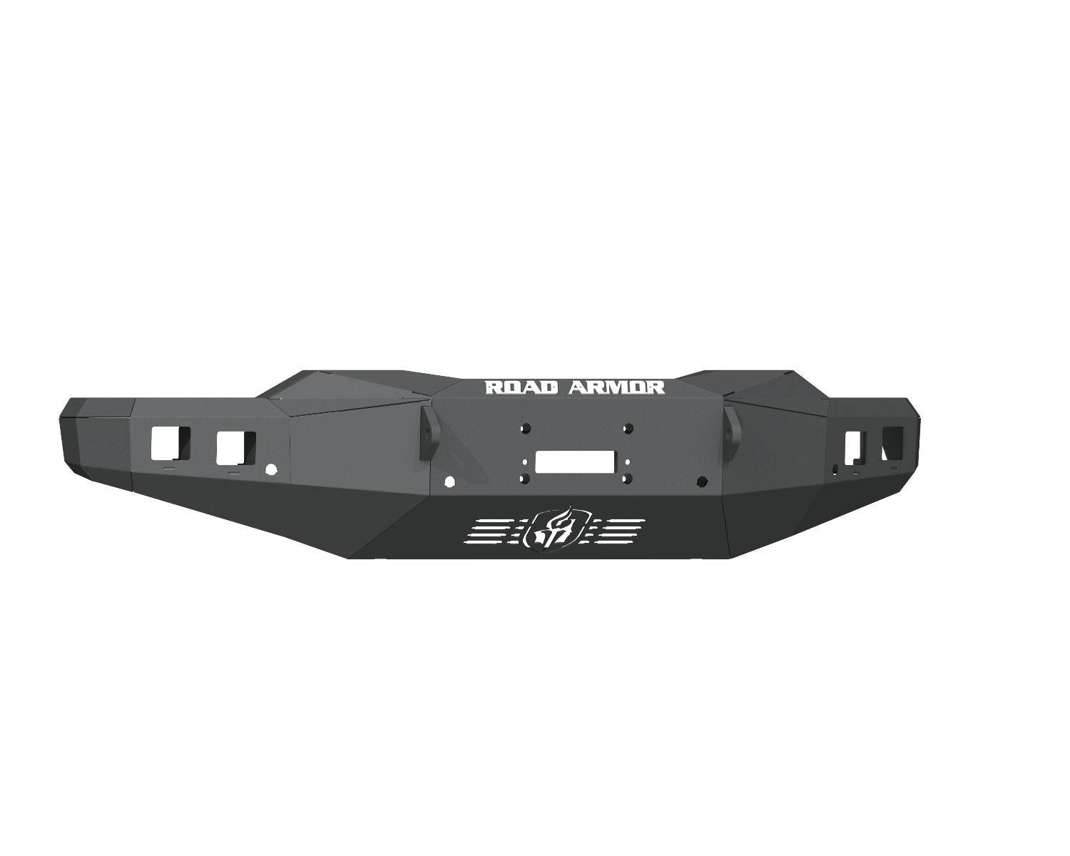 The 2020-23 Chevy 2500 Stealth Front Winch Bumper in textured black features angular lines, square cutouts, mounting points, and a vented center with the Road Armor logo. Compatible with Warn 16.5 and Smittybilt XRC winches.