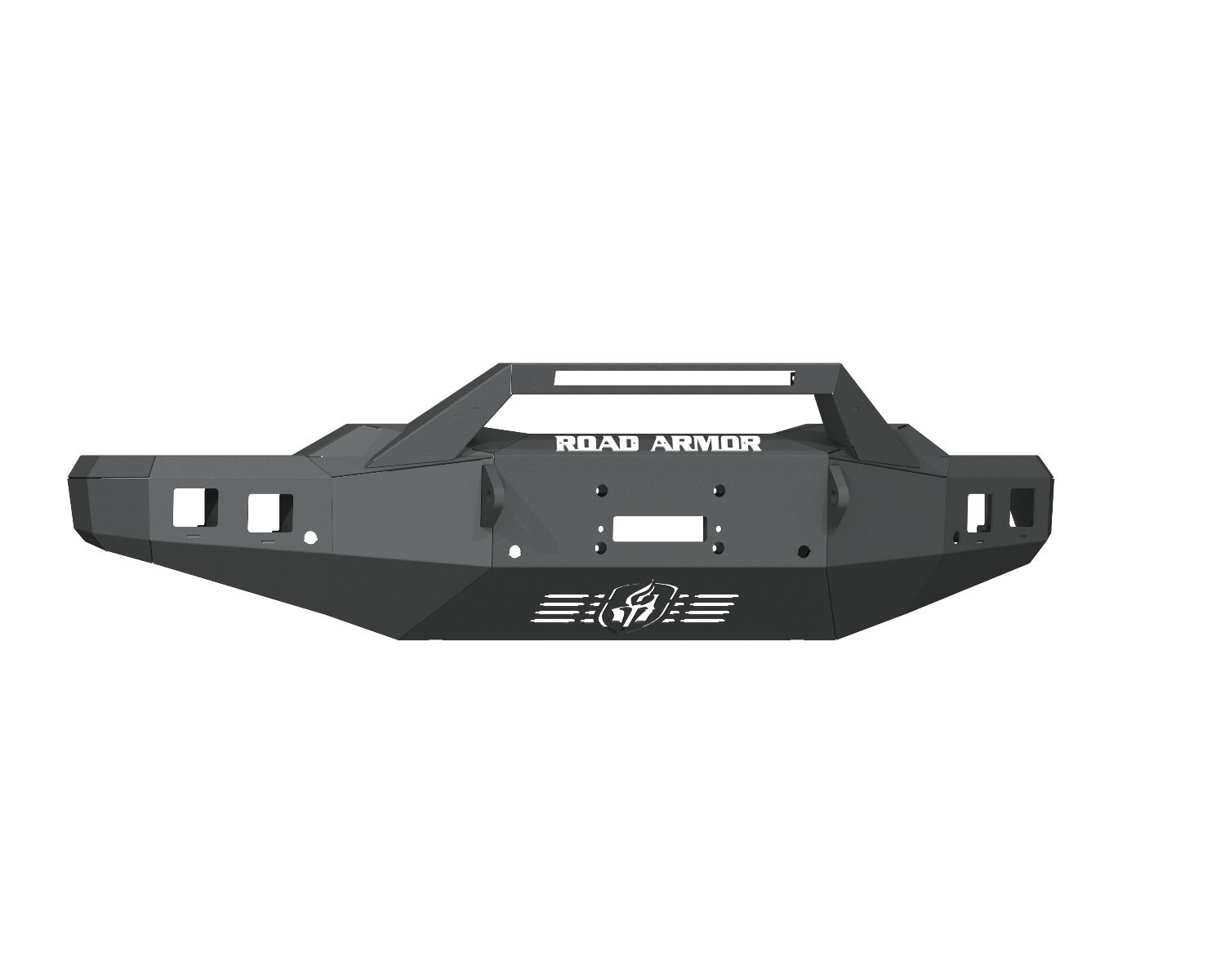 A matte black 2020-23 Chevy 2500 Stealth Front Winch Bumper with Pre-Runner Guard is shown on a white background. It features angular lines, vent slots, mounting points, a raised center, and ROAD ARMOR across the front.