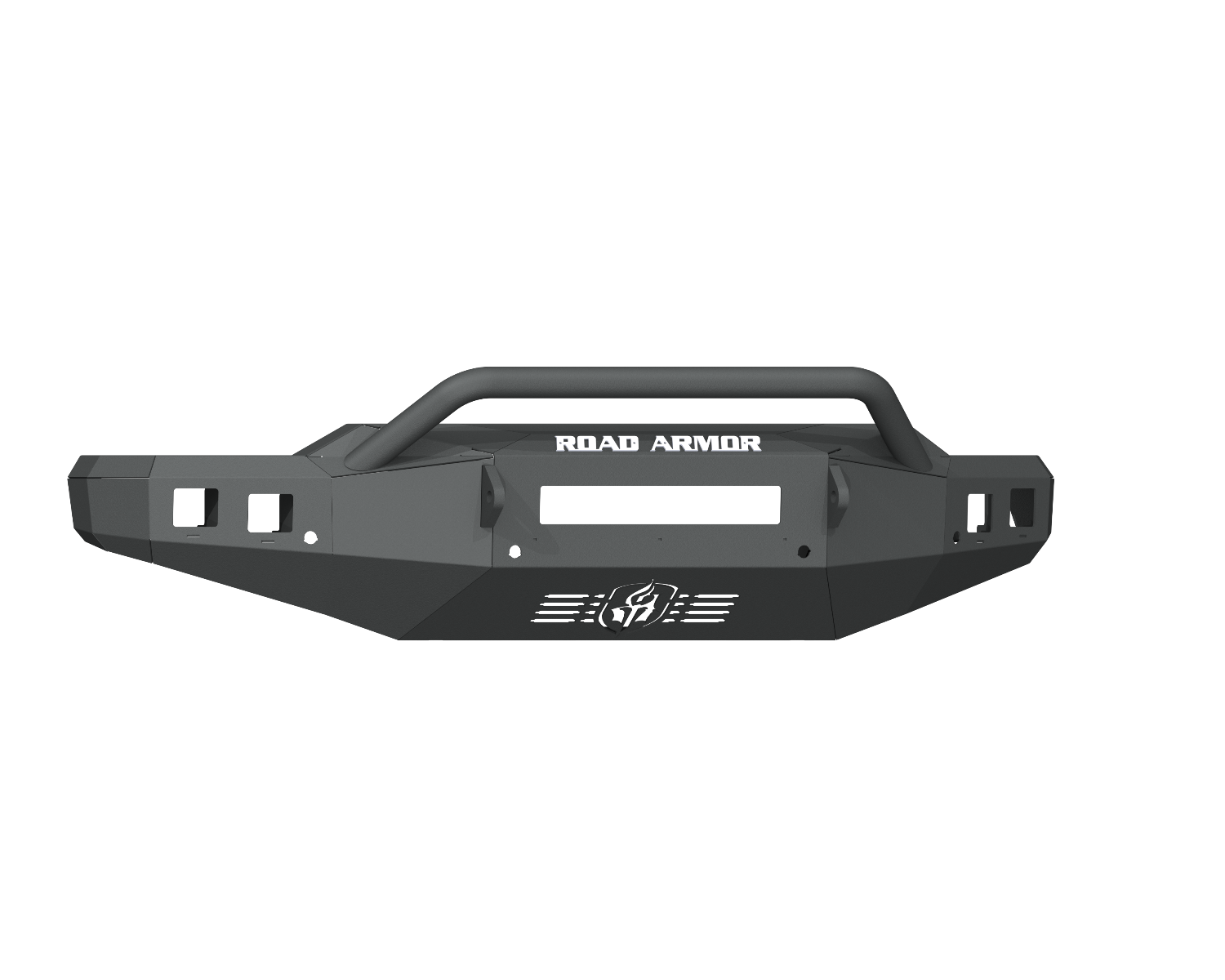 The 2020-23 Chevy 2500 Stealth Front Non-Winch Bumper Pre-Runner Guard features a textured black finish, heavy-duty steel, angular lines, integrated recovery points, a tubular grille guard, and mounting points. ROAD ARMOR is displayed above the central sl