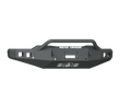 The 2020-23 Chevy 2500 Stealth Front Winch Bumper features a textured black finish, angular design, pre-runner tubular grille guard, winch and light cutouts, ROAD ARMOR top branding, and a vented center with stylized logo.