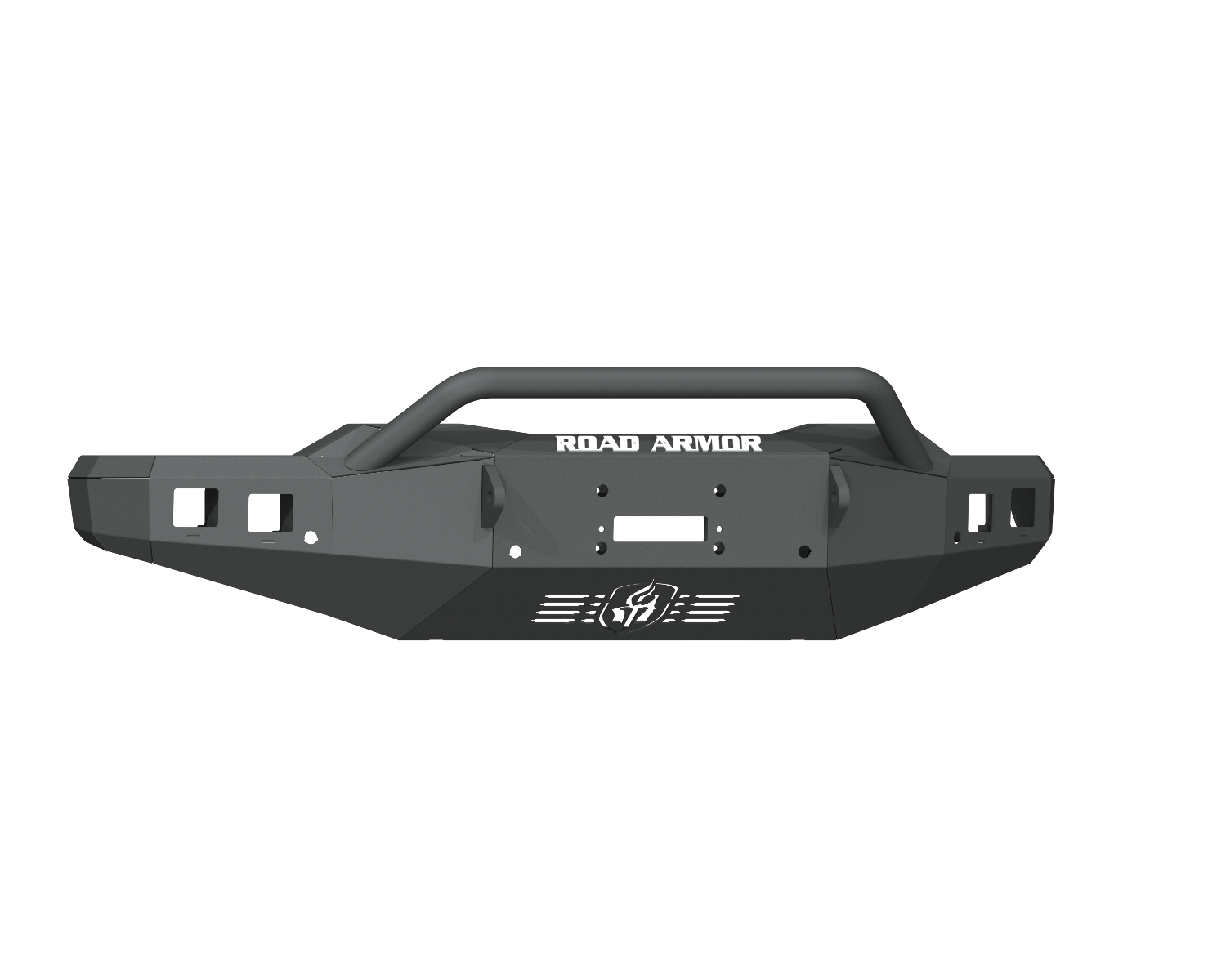 The 2020-23 Chevy 2500 Stealth Front Winch Bumper features a textured black finish, angular design, pre-runner tubular grille guard, winch and light cutouts, ROAD ARMOR top branding, and a vented center with stylized logo.