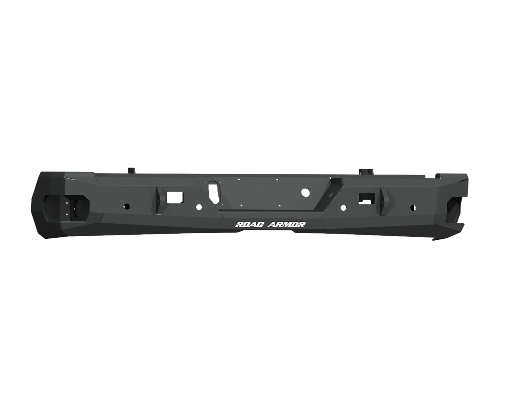 A textured black 2020+ Chevy 2500 Stealth Rear Non-Winch Bumper features rugged, angular design with multiple cutouts and ROAD ARMOR branding at the center. Built for durability and protection, ideal for heavy-duty trucks. Transparent background.