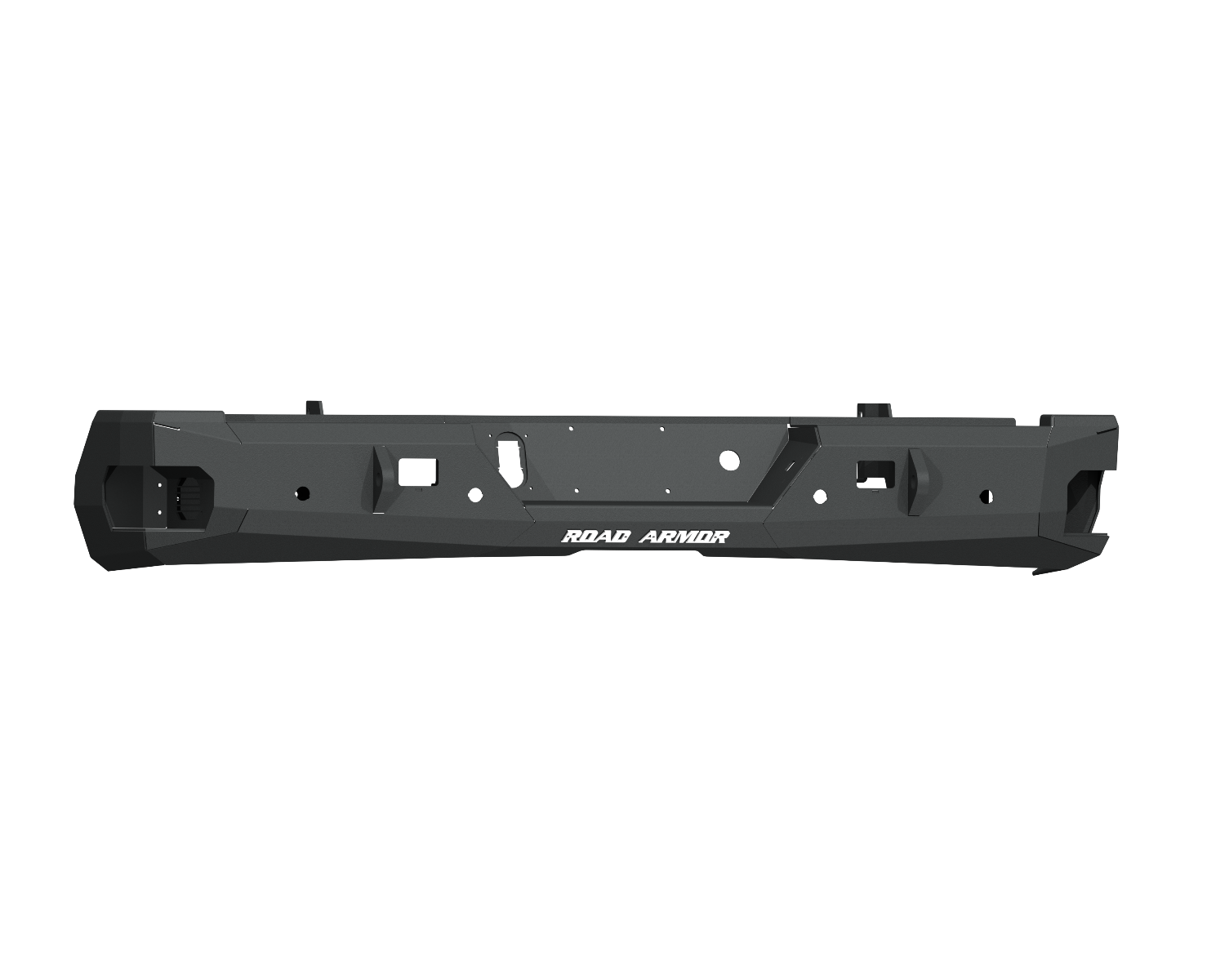 A textured black 2020+ Chevy 2500 Stealth Rear Non-Winch Bumper features rugged, angular design with multiple cutouts and ROAD ARMOR branding at the center. Built for durability and protection, ideal for heavy-duty trucks. Transparent background.