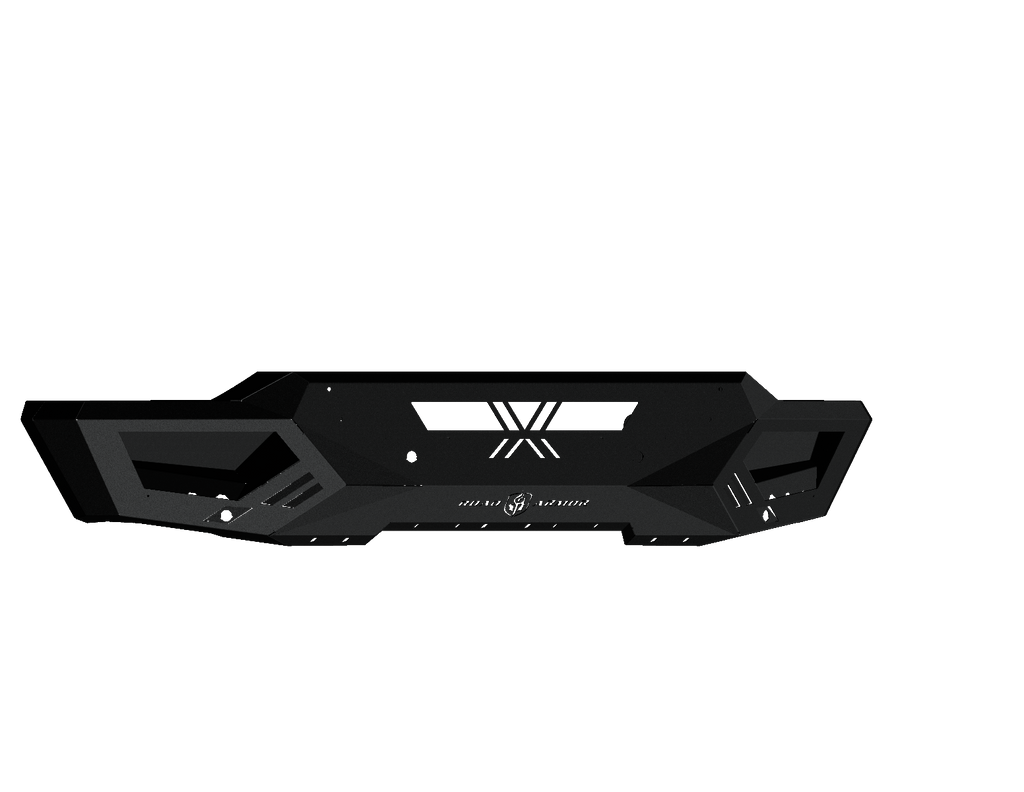 The 2020+ Chevy 2500 Spartan Front Bumper in texture black is displayed on a black background, featuring cutouts, vents, geometric shapes, reinforced edges, and HEAVY ARMOR branding in the center for a rugged look.