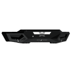 The 2020+ Chevy 2500 Spartan Front Bumper in texture black is displayed on a black background, featuring cutouts, vents, geometric shapes, reinforced edges, and HEAVY ARMOR branding in the center for a rugged look.