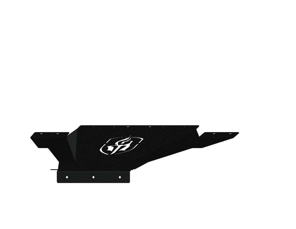 A textured black, angular metal skid plate guard with a stylized eagle head logo embossed in the center, designed for the 2020-23 Chevy 2500 Spartan Front Bumper by Road Armor, shown against a solid black background.