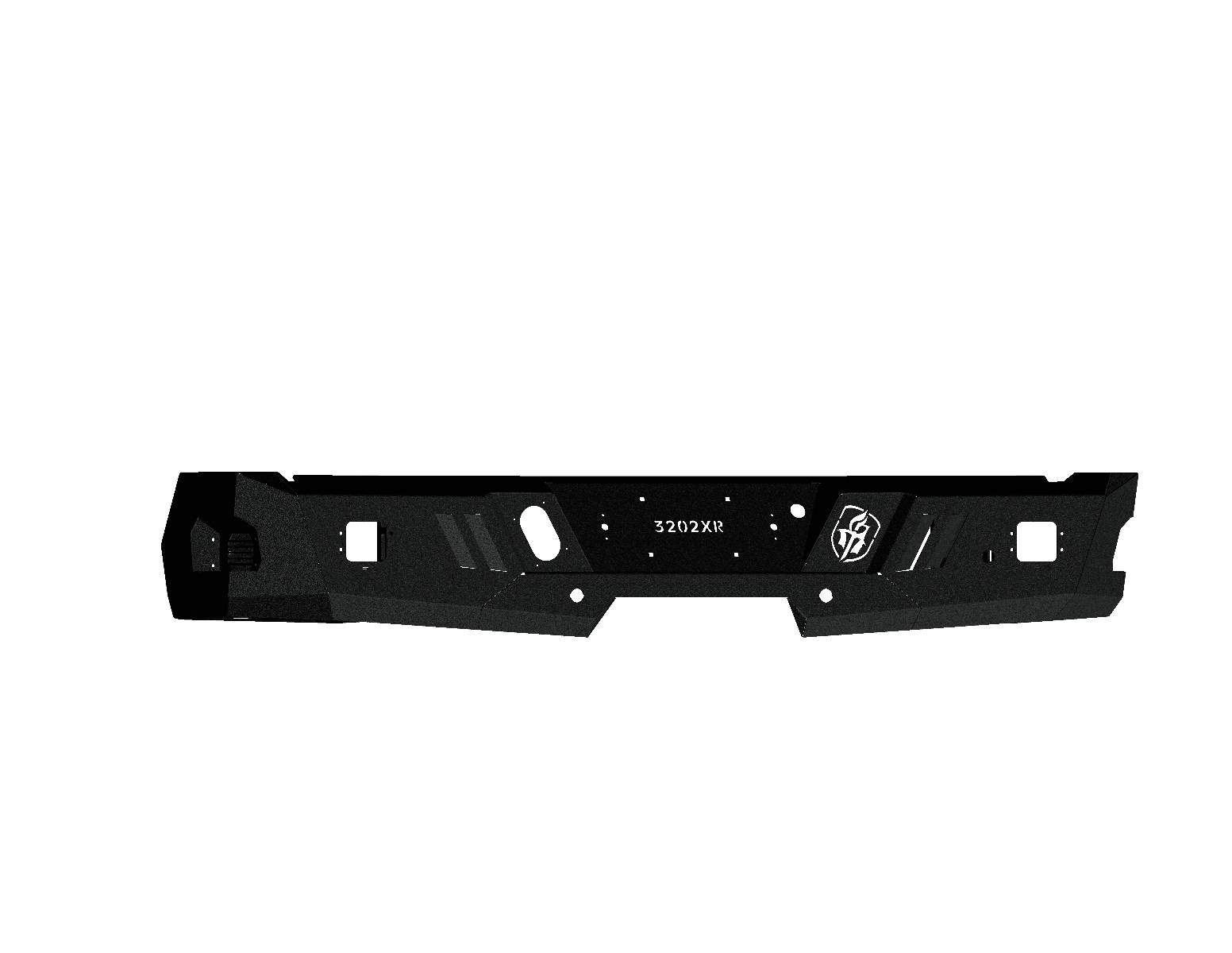 The 2020-23 GMC 2500 Spartan Rear Bumper features a textured black, rugged rectangular design with angular edges, multiple cutouts, and mounting holes for durability and performance. Matte finish and dual logos enhance its bold look.
