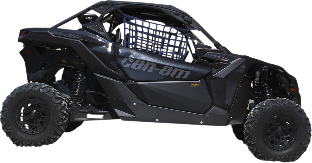 A black Can-Am off-road vehicle with large rugged tires, open sides, protective netting on the windows, and angular body design shown from the side on a white background.
