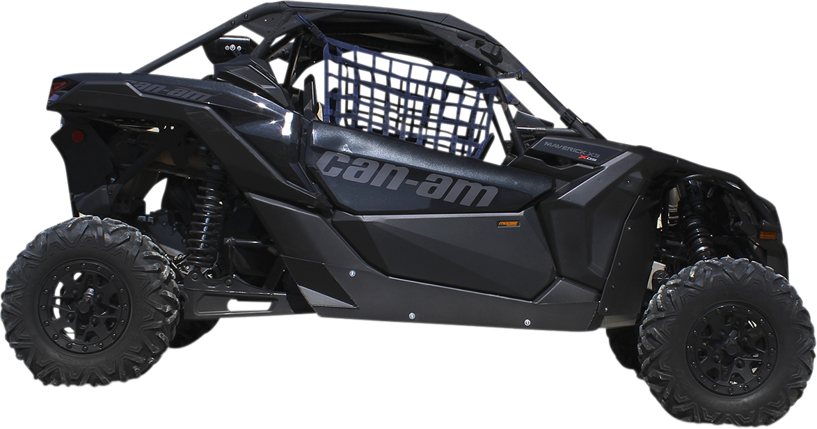 A black Can-Am off-road vehicle with large rugged tires, open sides, protective netting on the windows, and angular body design shown from the side on a white background.