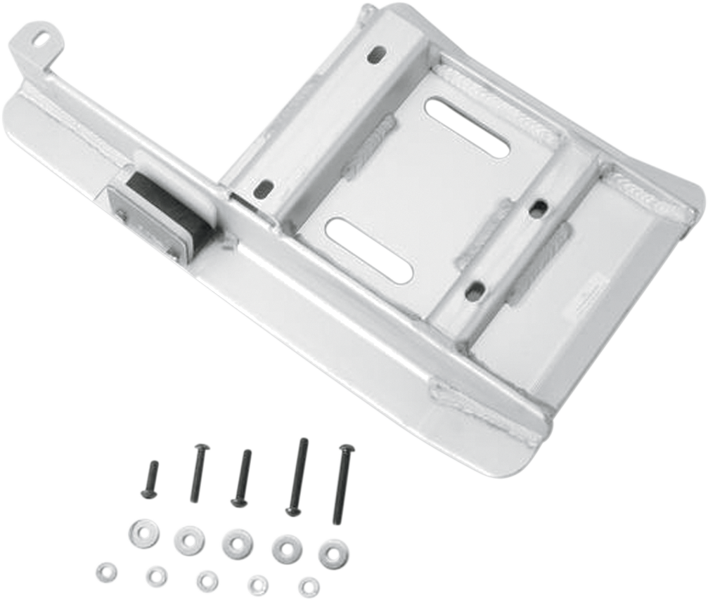 A silver metal mounting bracket with multiple rectangular slots and welded joints is shown above a set of screws, bolts, washers, and nuts, all arranged neatly on a white background.