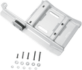 A silver metal mounting bracket with multiple rectangular slots and welded joints is shown above a set of screws, bolts, washers, and nuts, all arranged neatly on a white background.