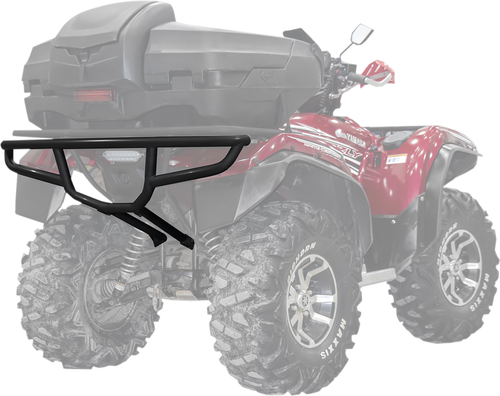 A black metal rear bumper is highlighted and superimposed on the faded image of a red ATV with large, rugged tires and a black storage box attached to the back. The bumper is shown as if installed on the ATV’s rear.