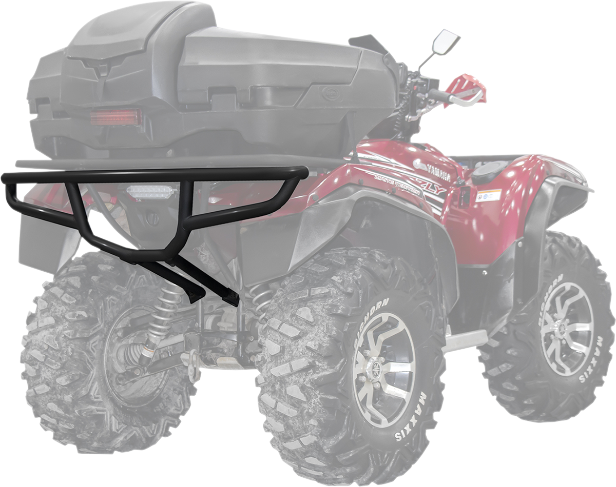 A black metal rear bumper is highlighted and superimposed on the faded image of a red ATV with large, rugged tires and a black storage box attached to the back. The bumper is shown as if installed on the ATV’s rear.
