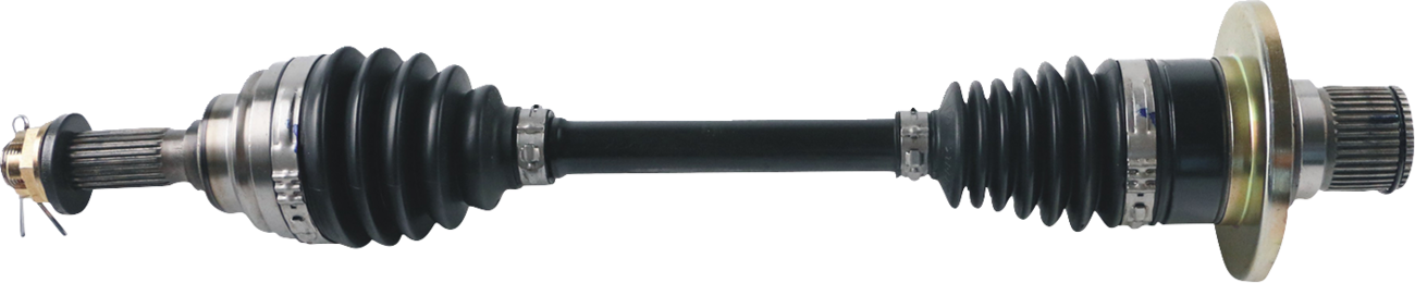 A CV (constant velocity) axle shaft with rubber boots on each end, metal joints, and a black connecting rod. One end has a splined tip with a securing pin; the other end shows a larger metal flange and splines, all against a white background.
