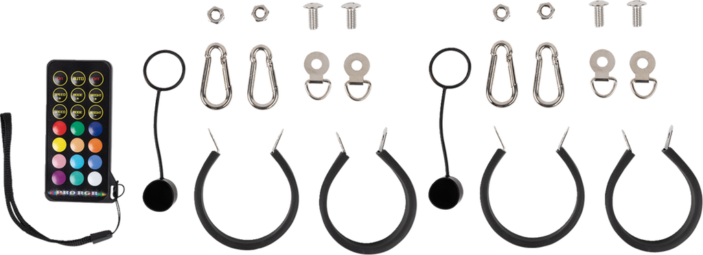 A remote with colored buttons, four black circular rings with attached wires, two small circular magnets, four metal carabiners, four metal brackets, four bolts, and four nuts, all arranged neatly on a white background.