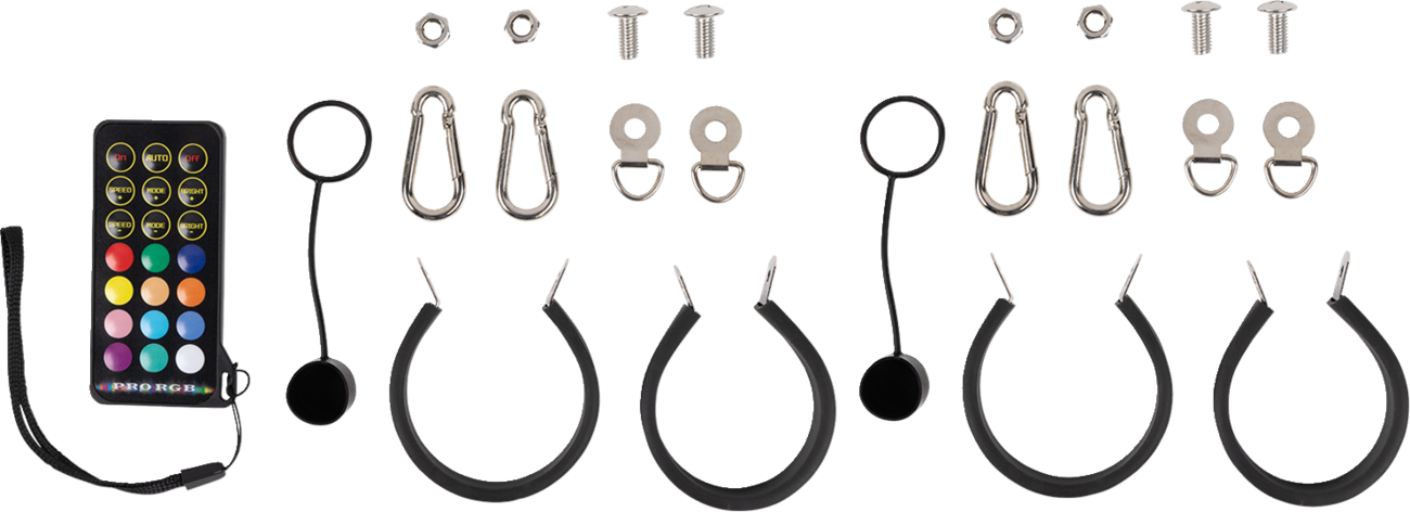 A remote with colored buttons, four black circular rings with attached wires, two small circular magnets, four metal carabiners, four metal brackets, four bolts, and four nuts, all arranged neatly on a white background.