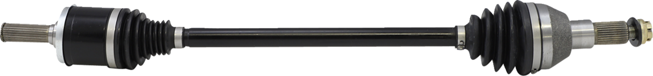 A car axle shaft with black rubber boots on both ends, metal joints exposed at the tips, and a long black metal shaft connecting the ends. The background is plain white, highlighting the mechanical part.