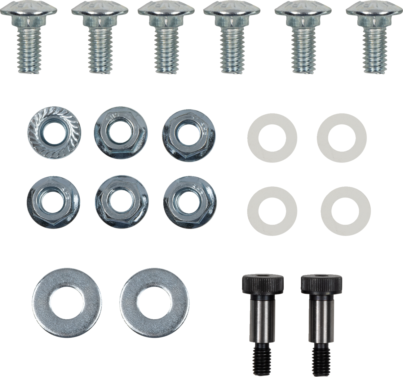A set of hardware parts arranged neatly: six hex bolts in a row at the top, below them are six matching hex nuts, four flat white washers, two large silver washers, and two black cylindrical bolts with ridged heads at the bottom right.