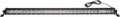 A long, rectangular LED light bar with multiple small, clear bulbs arranged in a single row. The black metal frame has mounting brackets on each end, and a black power cable extends from the top right corner. The background is plain white.