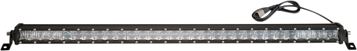 A long, rectangular LED light bar with multiple small, clear bulbs arranged in a single row. The black metal frame has mounting brackets on each end, and a black power cable extends from the top right corner. The background is plain white.