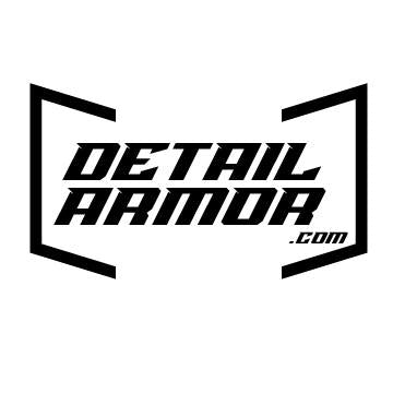 Black and white logo with bold, angular uppercase text reading DETAIL ARMOR.COM, framed by thick black diagonal brackets for a strong look. Represents Detail Armor—mobile detailing for trucks, cars, side by sides, and UTVs.