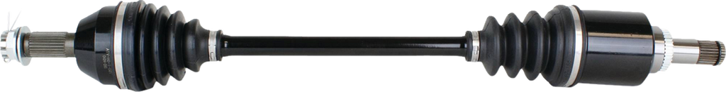 A black automotive CV axle shaft with metal splined ends and two rubber accordion-style boots, one on each side, designed to protect the flexible joints. The shaft is horizontally aligned against a white background.