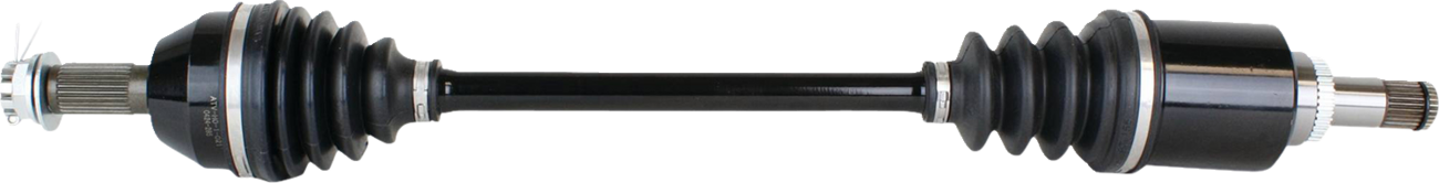 A black automotive CV axle shaft with metal splined ends and two rubber accordion-style boots, one on each side, designed to protect the flexible joints. The shaft is horizontally aligned against a white background.
