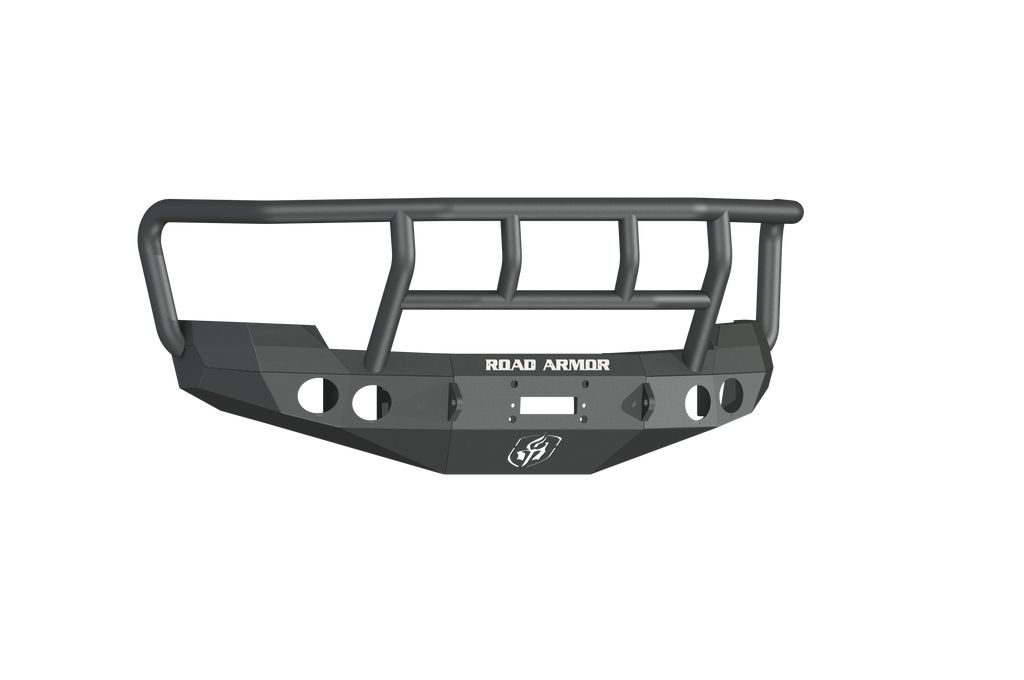 A textured black Stealth Front Winch Bumper for 2008-2010 Chevy 2500, featuring the Titan II guard, angular lines, circular/rectangular cutouts, reinforced edges, ROAD ARMOR logo in white, and built to fit Warn M12000 & Smittybilt XRC winches.