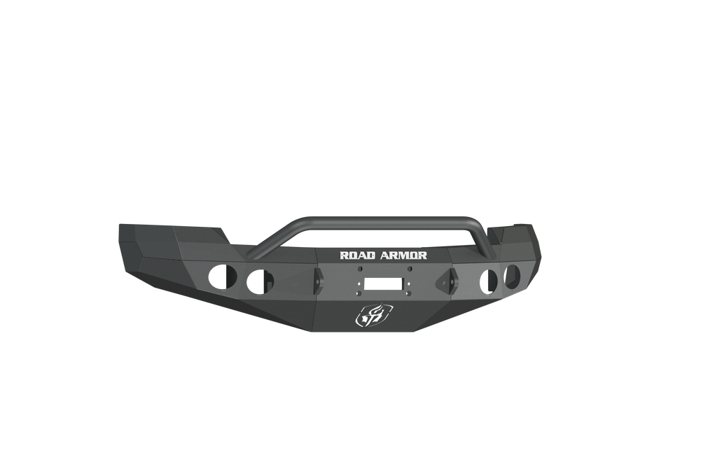 The 2008-2010 Chevy 2500 Stealth Front Winch Bumper Pre-Runner Guard in textured black features an angular matte design with circular cutouts, a raised grille guard, center ROAD ARMOR logo, and winch mount slot—fits Warn M12000, Smittybilt XRC.