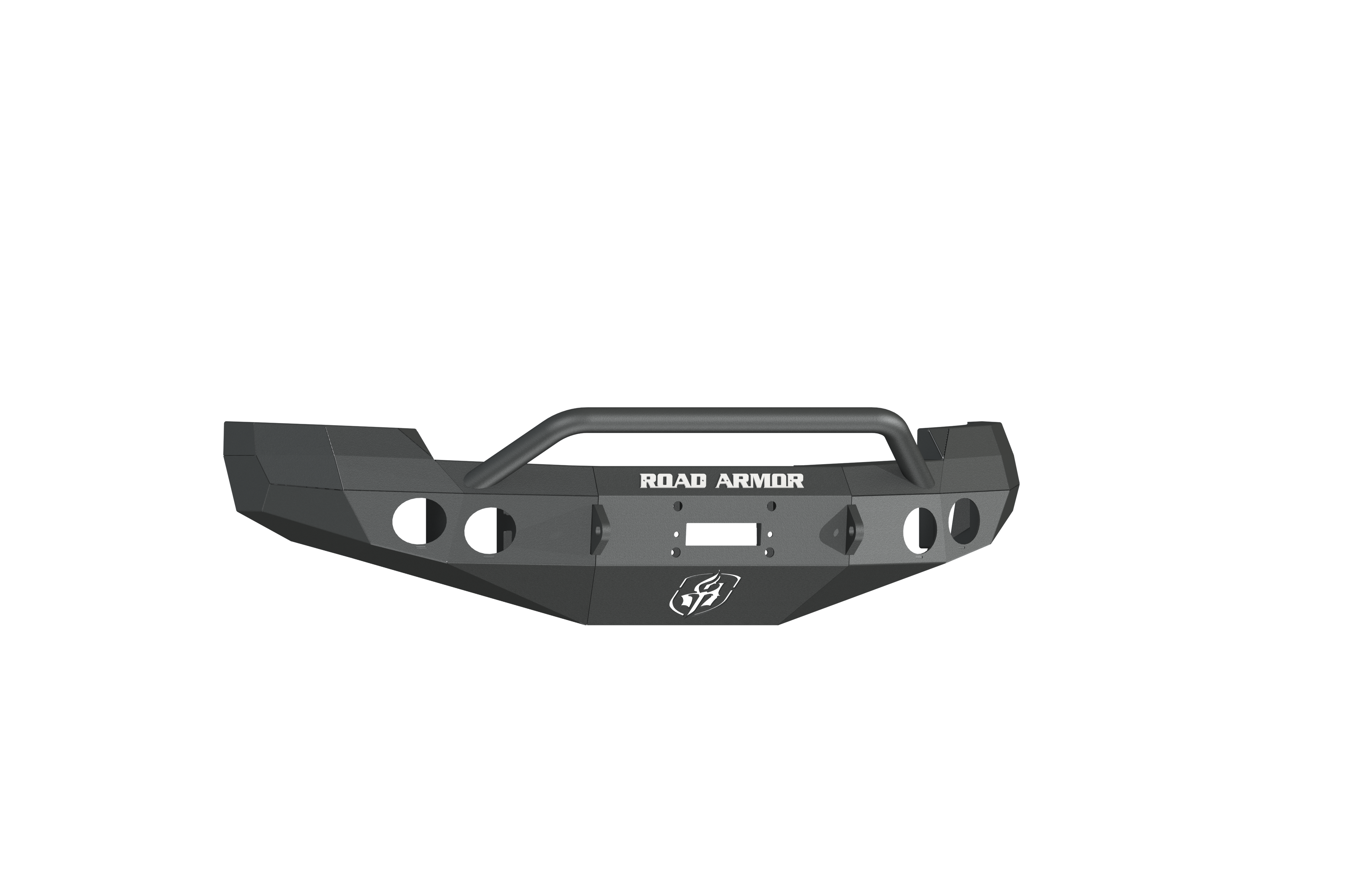 The 2008-2010 Chevy 2500 Stealth Front Winch Bumper Pre-Runner Guard in textured black features an angular matte design with circular cutouts, a raised grille guard, center ROAD ARMOR logo, and winch mount slot—fits Warn M12000, Smittybilt XRC.