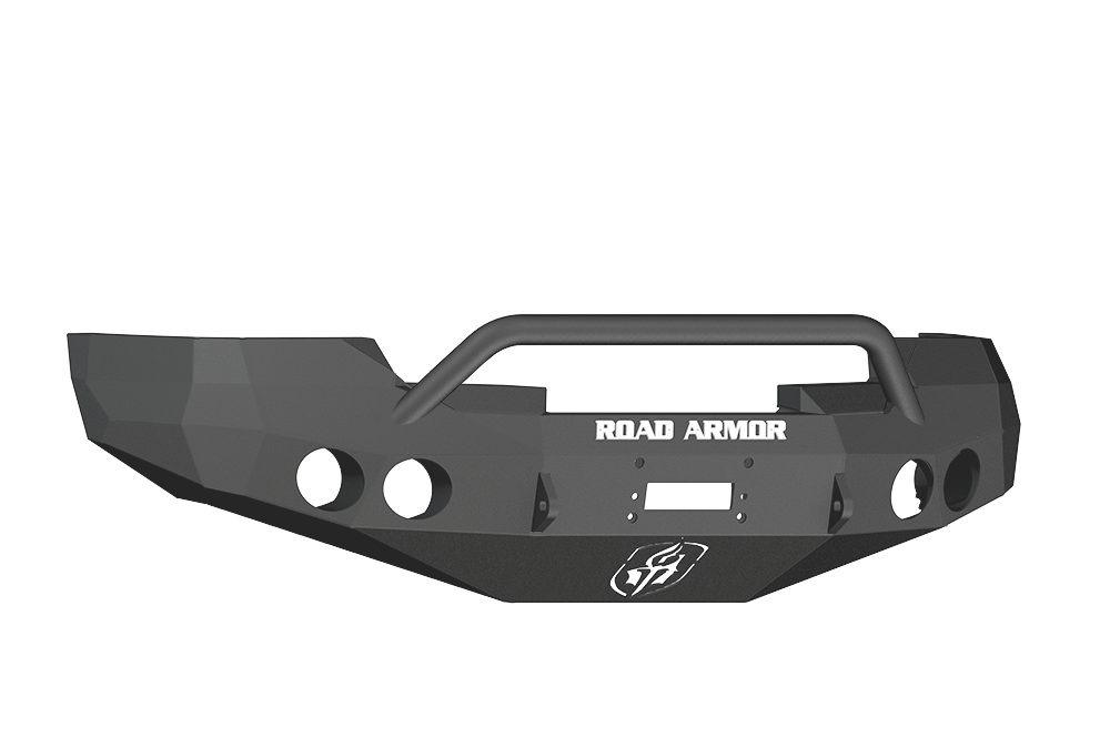The 2008-2013 GMC 1500 Stealth Front Winch Bumper Pre-Runner Guard features a textured black finish, angular steel design, central raised bar, accessory cutouts, mounting holes, ROAD ARMOR branding, and an etched Road Armor logo. Compatible with Warn M120