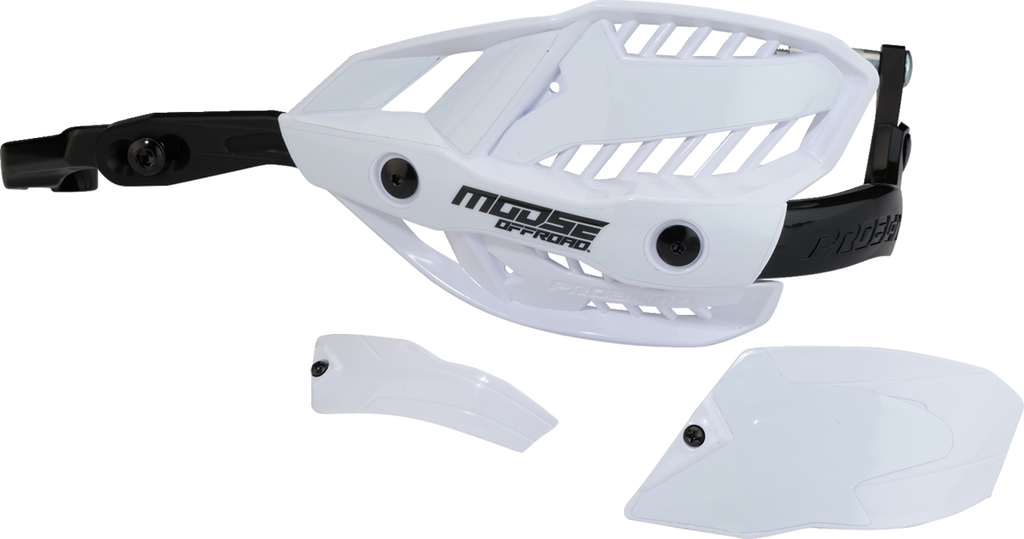 A pair of white and black off-road motorcycle handguards with vented panels and MOOSE OFFROAD branding. Two interchangeable white plastic shield inserts are shown below the main guard, each with a mounting screw visible.