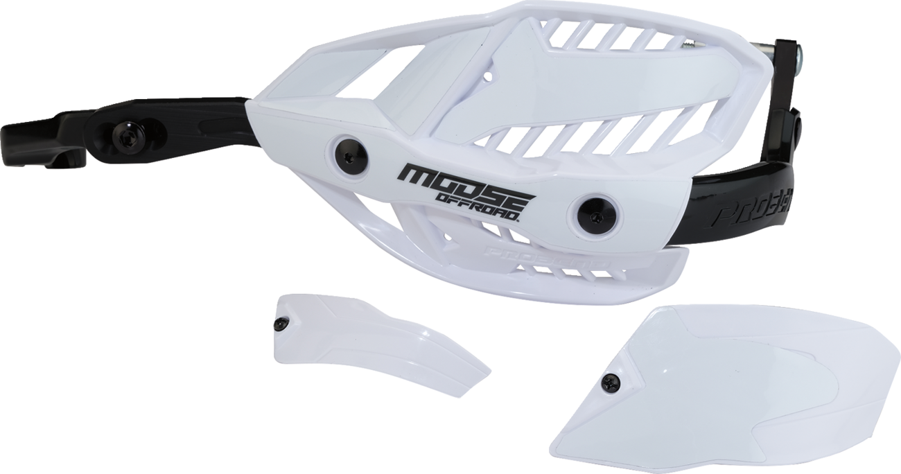 A pair of white and black off-road motorcycle handguards with vented panels and MOOSE OFFROAD branding. Two interchangeable white plastic shield inserts are shown below the main guard, each with a mounting screw visible.