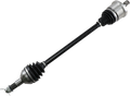 A close-up image of a car’s drive shaft (CV axle), featuring metal ends with grooved splines, black rubber protective boots, and a solid black shaft connecting both ends, isolated on a white background.