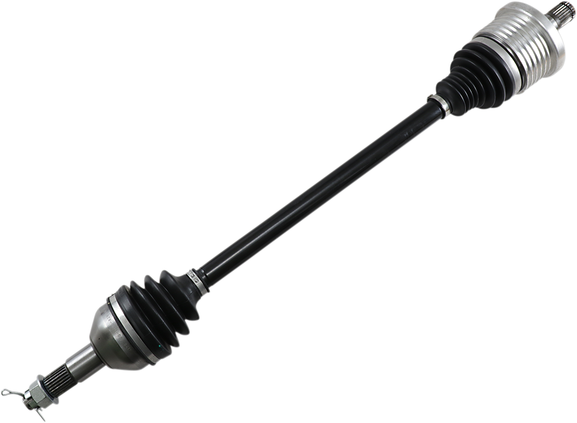 A close-up image of a car’s drive shaft (CV axle), featuring metal ends with grooved splines, black rubber protective boots, and a solid black shaft connecting both ends, isolated on a white background.