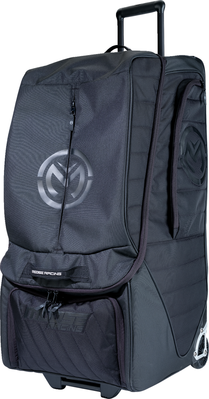 A black bag with a logo on it.