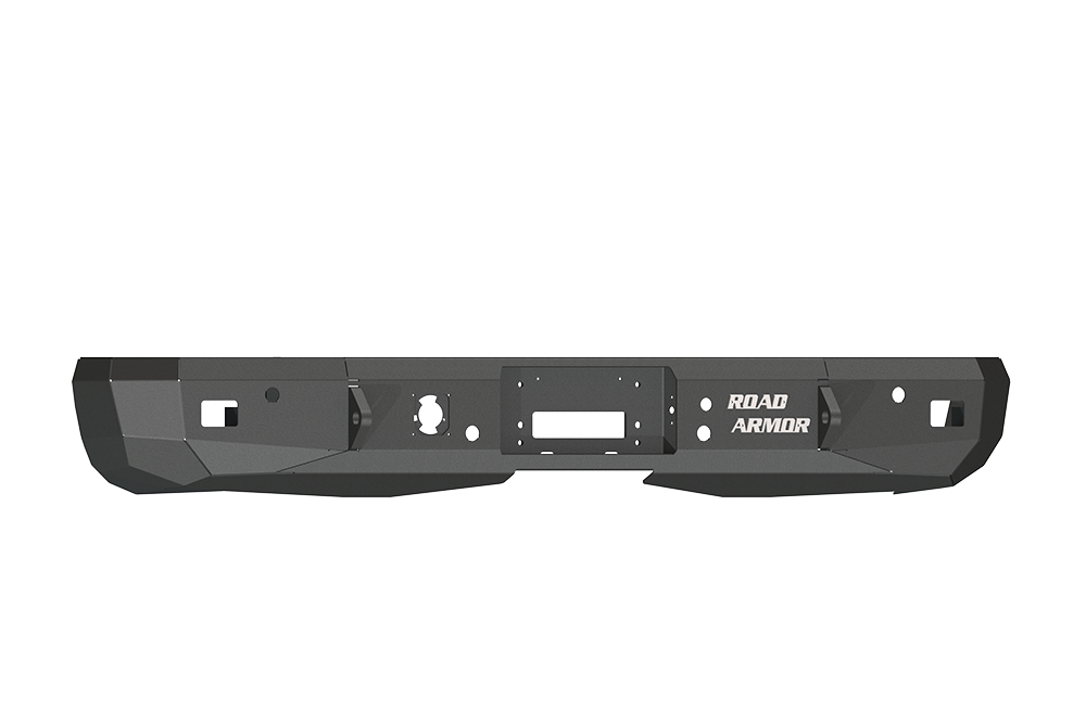 A textured black 2008-2014 Chevy/GMC 2500 Stealth rear winch bumper features rugged, angular steel with a central winch cutout (fits Warn M8000 or 9.5XP), multiple mounting holes, and “ROAD ARMOR” in white on the right side.