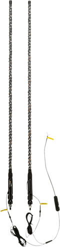Two long, vertical LED whip light antennas with spiral-wrapped lights are shown side by side. Each has a black mounting base and attached black cables with connectors, ready for installation on vehicles like ATVs or trucks.