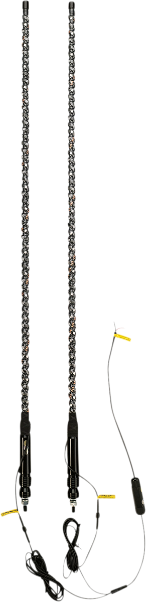 Two long, vertical LED whip light antennas with spiral-wrapped lights are shown side by side. Each has a black mounting base and attached black cables with connectors, ready for installation on vehicles like ATVs or trucks.