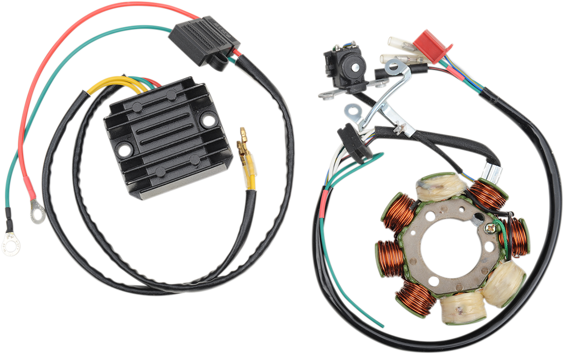 Two motorcycle electrical components: on the left, a black voltage regulator with attached red, green, and yellow wires; on the right, a round stator with copper coils, black wiring, connectors, and mounting hardware, all on a white background.