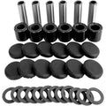 Four rows of parts from the Clutch Rebuild Kit for Renegade, Outlander, Maverick, Defender, and Commander: 6 metal bushings, 6 black bushings, 12 black rubber caps, and 12 flat metal washers—all neatly aligned.