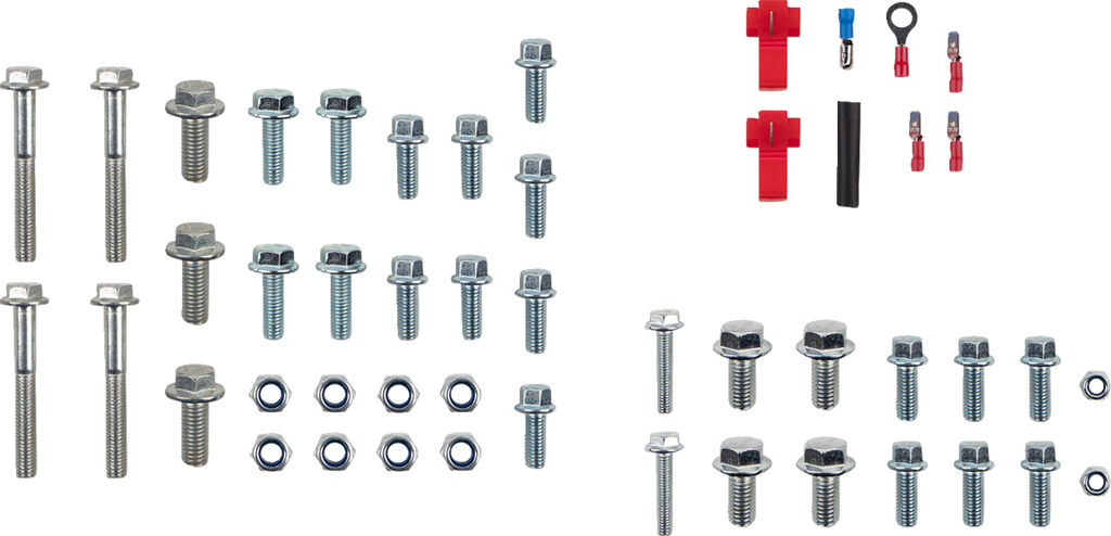 Assorted hardware pieces arranged on a white background, including bolts, nuts, washers, and electrical connectors in red and blue. The metal fasteners vary in size, and the plastic connectors include spade and ring terminals and quick splice connectors.