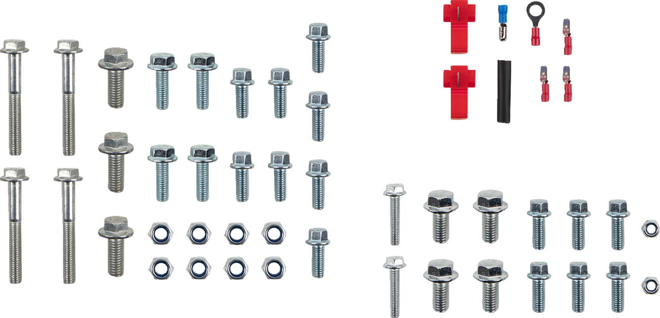 Assorted hardware pieces arranged on a white background, including bolts, nuts, washers, and electrical connectors in red and blue. The metal fasteners vary in size, and the plastic connectors include spade and ring terminals and quick splice connectors.