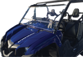 A blue Yamaha Viking side-by-side utility vehicle with a clear, fold-down windshield, black roll cage, and two visible bucket seats with headrests. The vehicle is angled slightly to the left, showing the “Viking” logo on the front hood.