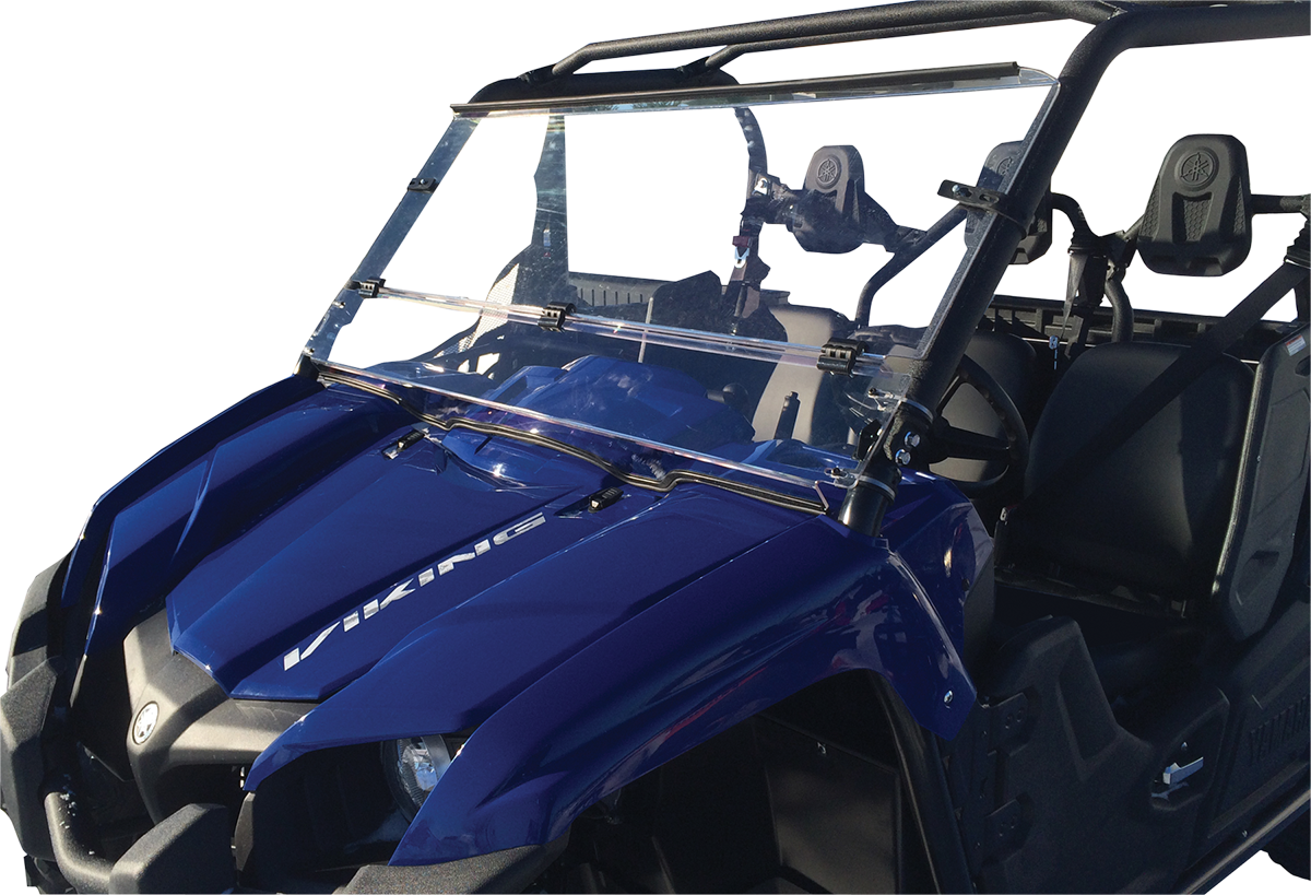 A blue Yamaha Viking side-by-side utility vehicle with a clear, fold-down windshield, black roll cage, and two visible bucket seats with headrests. The vehicle is angled slightly to the left, showing the “Viking” logo on the front hood.