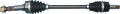 A car axle shaft with black rubber boots at both ends, metal joints, and a central steel rod. The left end has a threaded section with a nut, and the right end shows a splined metal connector. The background is plain and light-colored.