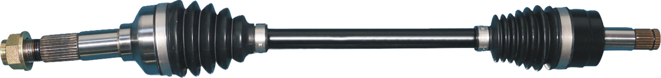 A car axle shaft with black rubber boots at both ends, metal joints, and a central steel rod. The left end has a threaded section with a nut, and the right end shows a splined metal connector. The background is plain and light-colored.